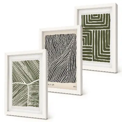 Conjunto de 3 quadros decorativos com padrões de linhas e formas em tons de verde