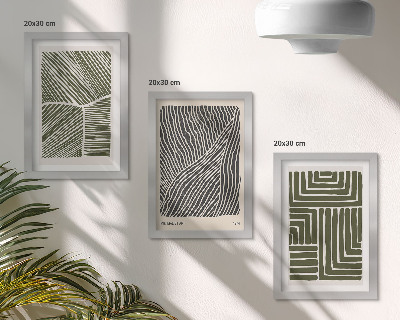 Conjunto de 3 quadros decorativos Padrões de linhas e formas em tons de verde.
