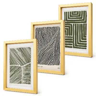 Conjunto de 3 quadros decorativos com padrões de linhas e formas em tons de verde