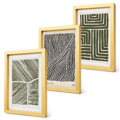 Conjunto de 3 quadros decorativos Padrões de linhas e formas em tons de verde.