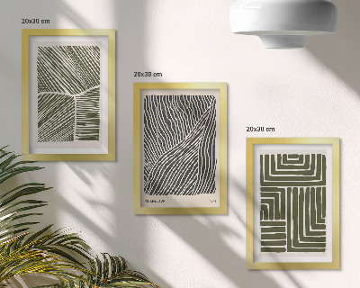 Conjunto de 3 quadros decorativos Padrões de linhas e formas em tons de verde.