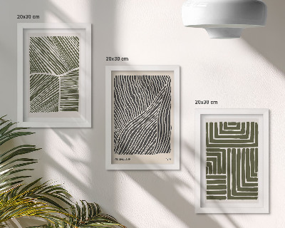 Conjunto de 3 quadros decorativos Padrões de linhas e formas em tons de verde.