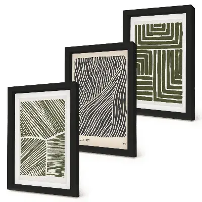 Conjunto de 3 quadros decorativos com padrões de linhas e formas em tons de verde