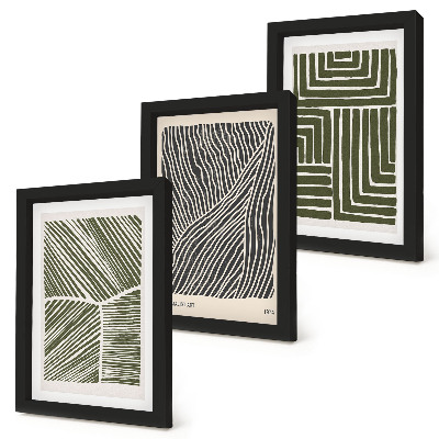 Conjunto de 3 quadros decorativos Padrões de linhas e formas em tons de verde.
