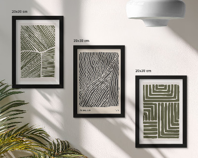 Conjunto de 3 quadros decorativos Padrões de linhas e formas em tons de verde.