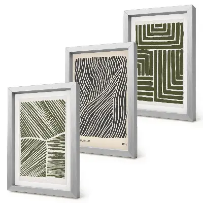 Conjunto de 3 quadros decorativos com padrões de linhas e formas em tons de verde