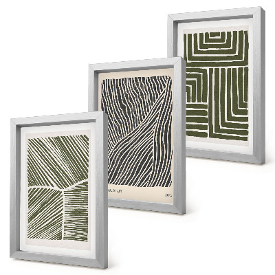 Conjunto de 3 quadros decorativos Padrões de linhas e formas em tons de verde.