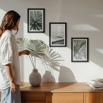 Conjunto de molduras com imagens Planta com folhas de palmeira e píer de madeira