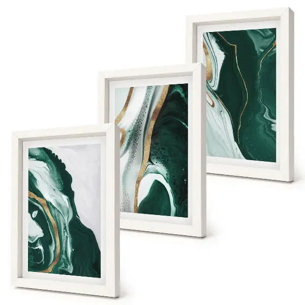 Conjunto de 3 quadros decorativos com padrões abstratos de pintura em verde e branco