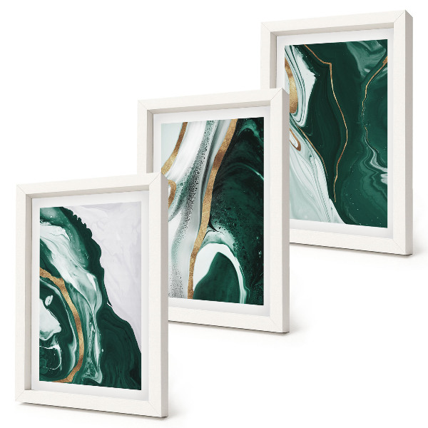 Conjunto de 3 quadros decorativos Padrões abstratos de pintura em verde e branco.