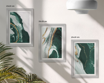 Conjunto de 3 quadros decorativos Padrões abstratos de pintura em verde e branco.