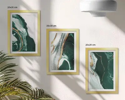 Conjunto de 3 quadros decorativos com padrões abstratos de pintura em verde e branco