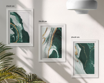 Conjunto de 3 quadros decorativos Padrões abstratos de pintura em verde e branco.