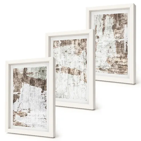 Conjunto de 3 quadros decorativos com padrões abstratos em tons de branco e marrom