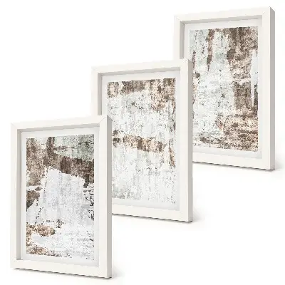 Conjunto de 3 quadros decorativos com padrões abstratos em tons de branco e marrom
