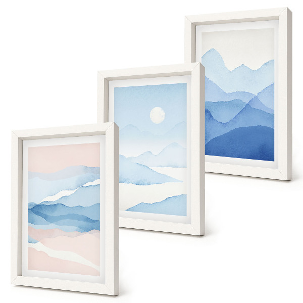 Conjunto de 3 quadros decorativos Paisagens montanhosas em tons de azul e rosa, em aquarela.