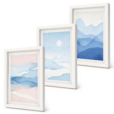 Conjunto de 3 quadros decorativos Paisagens montanhosas em tons de azul e rosa, em aquarela.