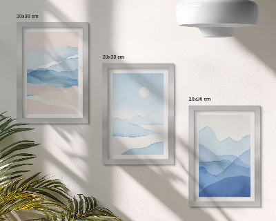 Conjunto de 3 quadros decorativos Paisagens montanhosas em tons de azul e rosa, em aquarela.