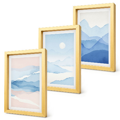 Conjunto de 3 quadros decorativos Paisagens montanhosas em tons de azul e rosa, em aquarela.