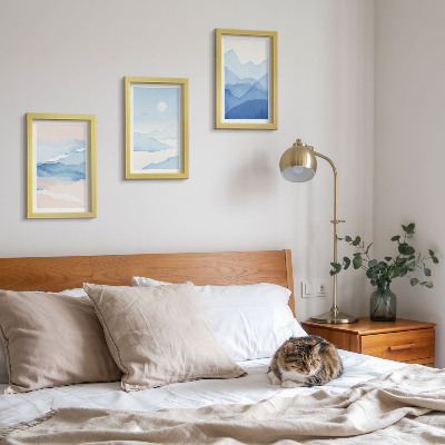 Conjunto de 3 quadros decorativos Paisagens montanhosas em tons de azul e rosa, em aquarela.