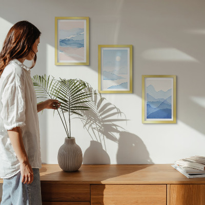 Conjunto de 3 quadros decorativos Paisagens montanhosas em tons de azul e rosa, em aquarela.