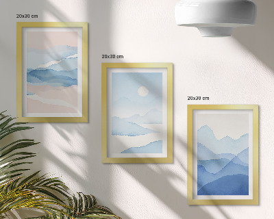 Conjunto de 3 quadros decorativos Paisagens montanhosas em tons de azul e rosa, em aquarela.