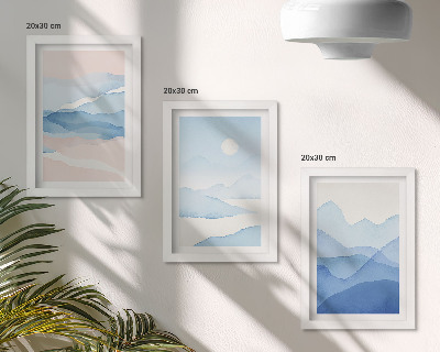 Conjunto de 3 quadros decorativos Paisagens montanhosas em tons de azul e rosa, em aquarela.