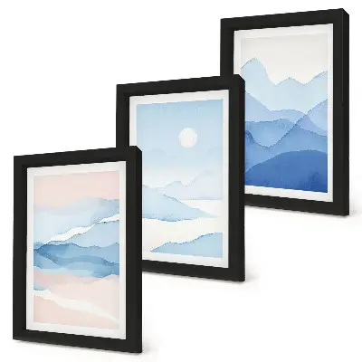 Conjunto de 3 quadros decorativos com paisagens montanhosas em aquarela nos tons azul e rosa