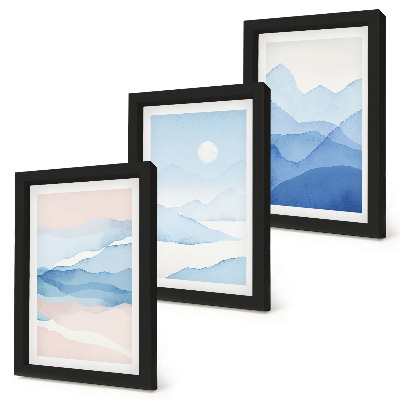 Conjunto de 3 quadros decorativos Paisagens montanhosas em tons de azul e rosa, em aquarela.