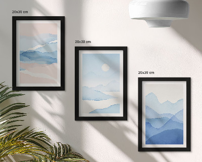 Conjunto de 3 quadros decorativos Paisagens montanhosas em tons de azul e rosa, em aquarela.