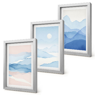 Conjunto de 3 quadros decorativos Paisagens montanhosas em tons de azul e rosa, em aquarela.