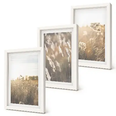 Conjunto de 3 quadros decorativos com paisagem de gramíneas e flores em tons quentes