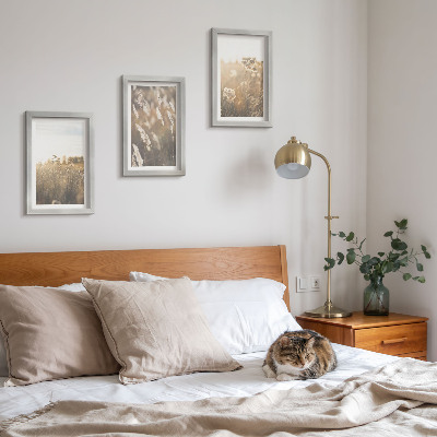 Conjunto de 3 quadros decorativos Uma paisagem com gramíneas e flores em tons quentes.