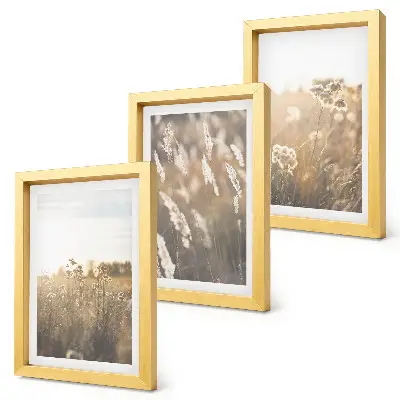 Conjunto de 3 quadros decorativos com paisagem de gramíneas e flores em tons quentes