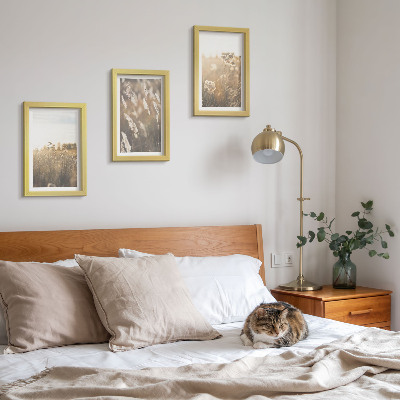 Conjunto de 3 quadros decorativos Uma paisagem com gramíneas e flores em tons quentes.