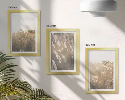 Conjunto de 3 quadros decorativos com paisagem de gramíneas e flores em tons quentes