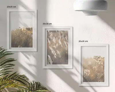 Conjunto de 3 quadros decorativos com paisagem de gramíneas e flores em tons quentes