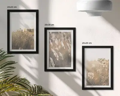 Conjunto de 3 quadros decorativos com paisagem de gramíneas e flores em tons quentes