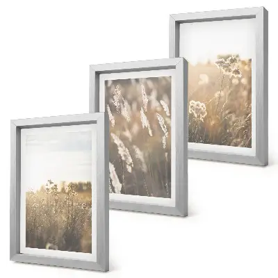 Conjunto de 3 quadros decorativos com paisagem de gramíneas e flores em tons quentes