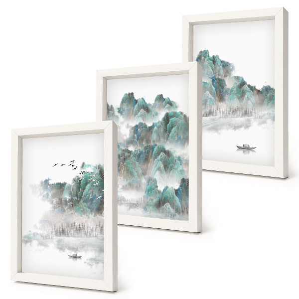 Tríptico com moldura Montanhas nas nuvens com pássaros e um barco na água japandi