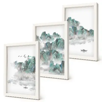 Tríptico com moldura montanhas nas nuvens com pássaros e barco estilo japandi