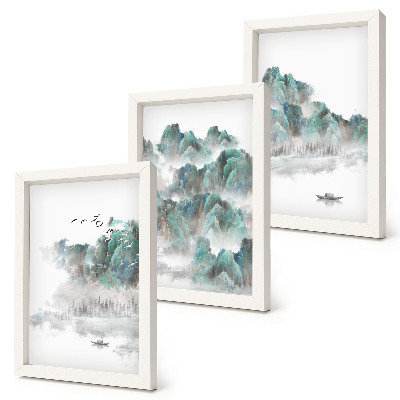 Tríptico com moldura Montanhas nas nuvens com pássaros e um barco na água japandi