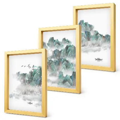 Tríptico com moldura montanhas nas nuvens com pássaros e barco estilo japandi