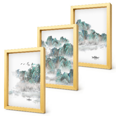 Tríptico com moldura Montanhas nas nuvens com pássaros e um barco na água japandi