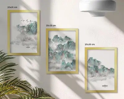 Tríptico com moldura montanhas nas nuvens com pássaros e barco estilo japandi