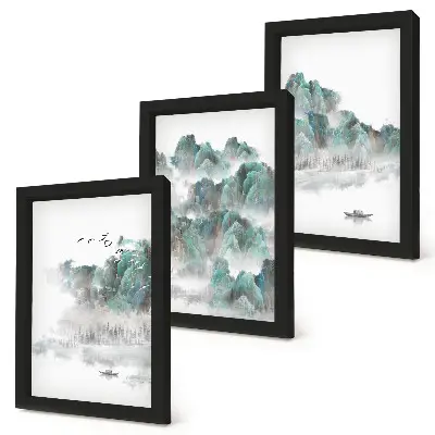 Tríptico com moldura montanhas nas nuvens com pássaros e barco estilo japandi