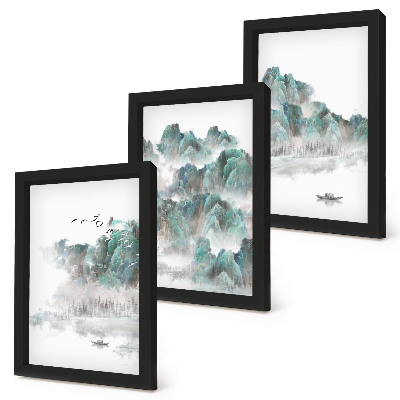 Tríptico com moldura Montanhas nas nuvens com pássaros e um barco na água japandi