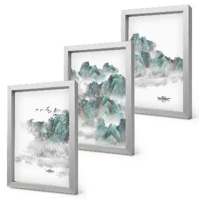 Tríptico com moldura montanhas nas nuvens com pássaros e barco estilo japandi