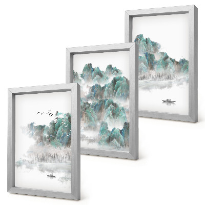 Tríptico com moldura Montanhas nas nuvens com pássaros e um barco na água japandi