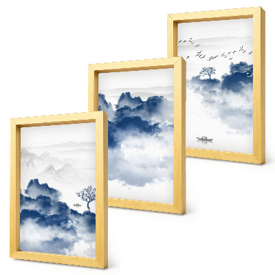 Conjunto de 3 quadros decorativos Montanhas em forma de nuvens com árvores e pássaros ao fundo.